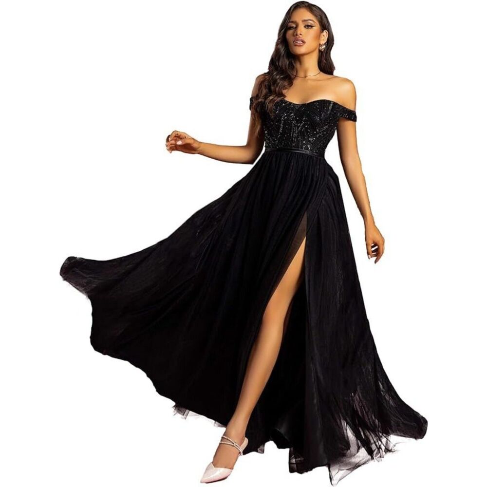 Women's Formal Off Shoulder Tulle Lace-up Maxi Prom Dress, 6‎